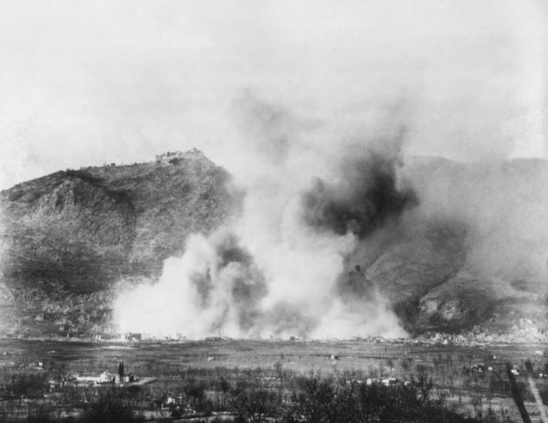 The town of Cassino was completely destroyed in one of WW2's most concentrated air bombings. The Monte Cassino Abbey was bombed in the same operation on February 15, 1944.