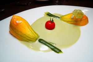 Courgette flowers with pike mousse and tarragon sauce at Beaurivage a Condrieu