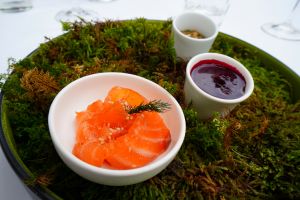 Starters at Le Fantin Latour: salmon, foie gras and quinoa